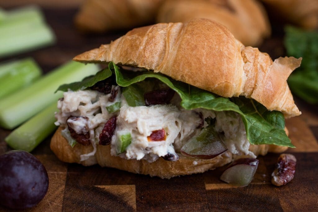 chicken salad sandwich with grapes and pecans