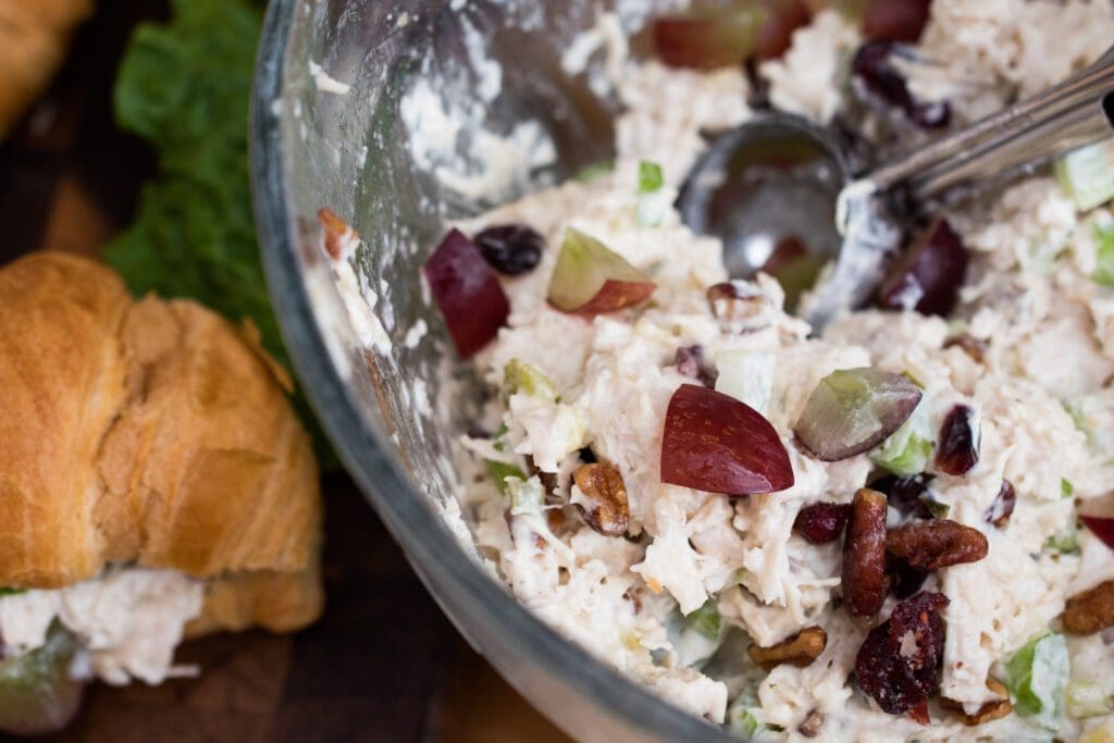 perfectly creamy chicken salad with pecans and grapes