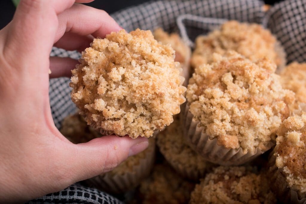 banana sourdough muffins with crumb topping