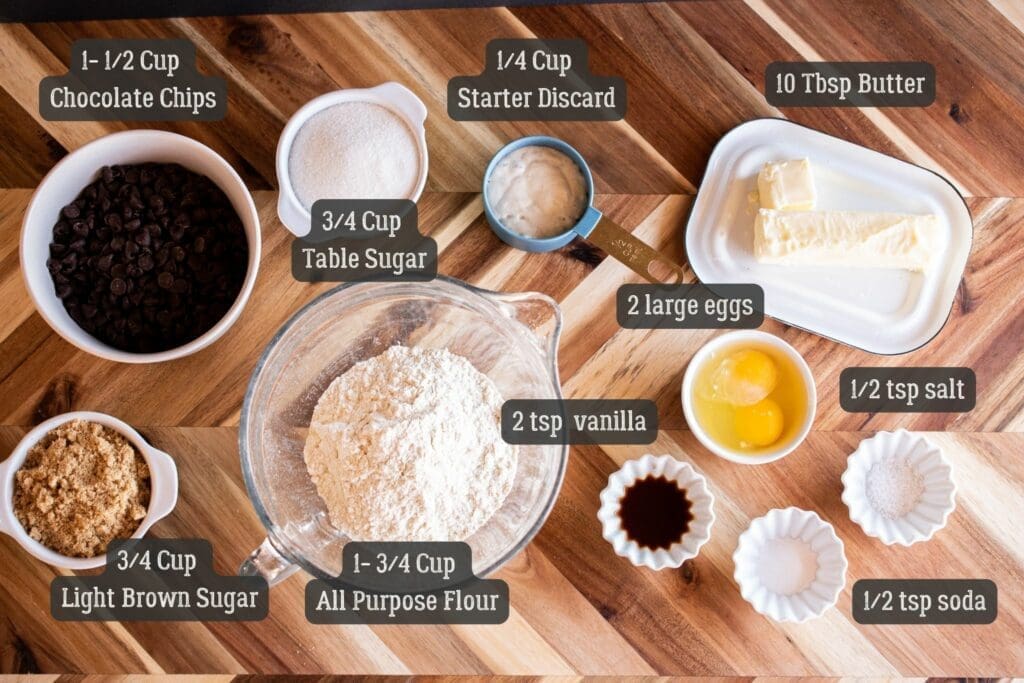 Ingredients for Big Sourdough Chocolate Chip Cookies