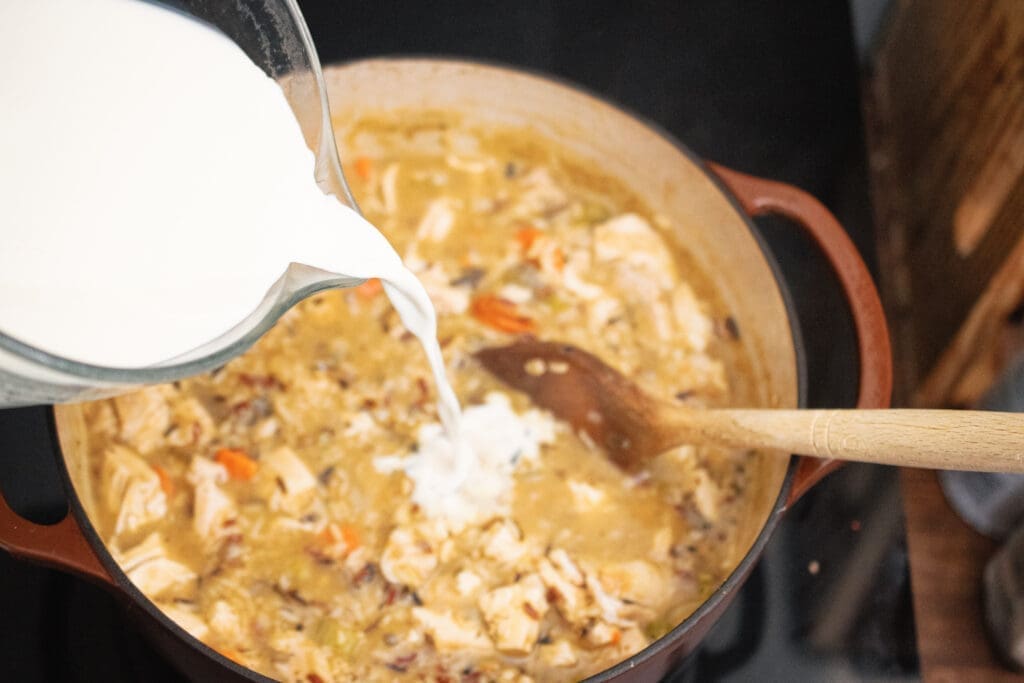 milk added to creamy chicken and wild rice soup
