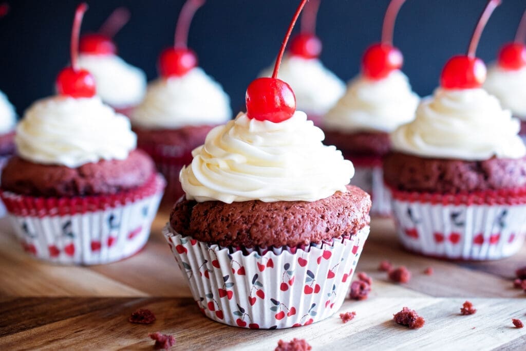 delicious red velvet cupcakes with cream cheese frosting