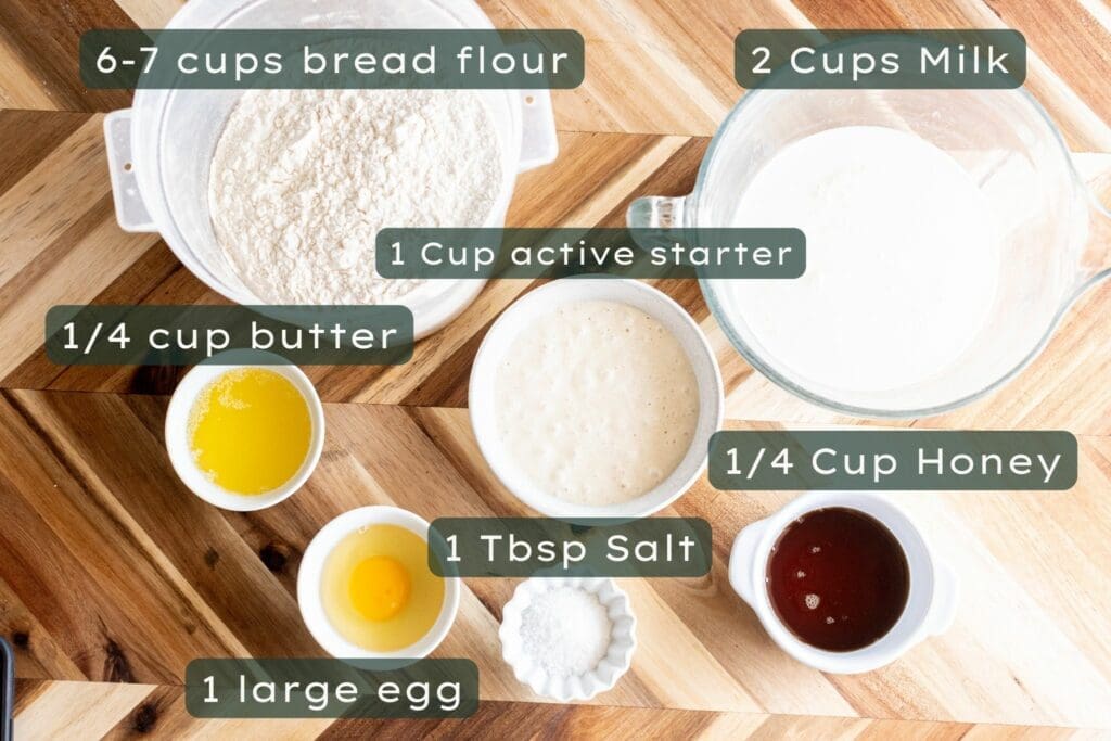 Ingredients for soft sourdough sandwich bread